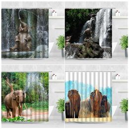 Cute Elephant Shower Curtains Funny Animals Water Spray Waterfall Natural Water Color Art Modern Bathroom Decor Bath Curtain Set 211116