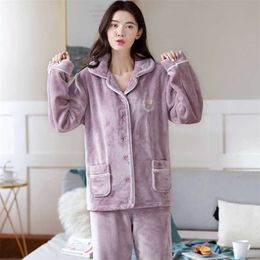 Womens Flannel Purple Pajamas Pyjamas Sets Long Sleeve Sleepwear Pijama Pajamas Suit Female Sleep Two Piece Set Loungewear 211112