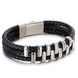 Link, Chain 19mm Wide Charming Holiday Gifts 3 Multilayer Black Genuine Leather Stainless Steel High Quality Men's Bracelet Wristband Bangle