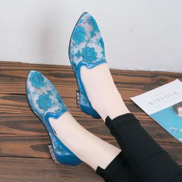 Summer Lace Shoes Women Low Heels Ponited toes Embroidery Comfortable Casual for Work Shoes Ethnic Style Black Blue
