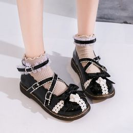 High Quality Lolita Shoes Retro Girls Princess Shoes Buckle Mary Janes Shoes For Women Flats Cute Bow Lace Casual 8598N