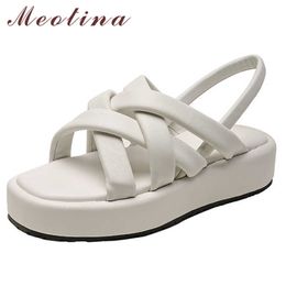 Meotina Gladiator Shoes Women Genuine Leather Sandals Flat Platform Sandals Square Toe Sheepskin Ladies Footwear Summer White 40 210608