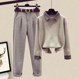 Women Autumn Winter Two Piece Suit Female Tracksuits Pullover Sweater Tops Ladies High Waist Straight Woollen Casual Pants Set