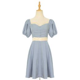 PERHAPS U Women Blue Lace Button Slash Neck Puff Sleeve Short Sleeve A Line Mini Dress Summer Beach Female D1934 210529