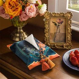 Bird Floral Print Velvet Tissue Box Holder Decorative Napkin Paper Cover With Tassel For Bedroom Bathroom Car 210818