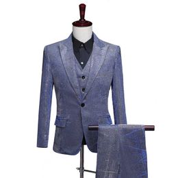 Gray Blue Glitter Suit Men Party Wedding Suits for Men Nightclub Stage Singer 3 Pieces Suit ( Jacket+Vest+Pants) Terno Masculino X0909