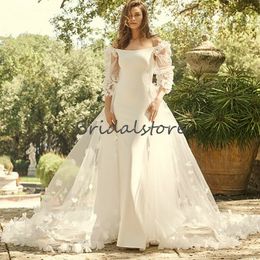 Gorgeous Mermaid Wedding Dress With Detachable Train 2021 Off The Shoulder 3D Florals Beach Boho Formal Dresses Long Sleeve Satin Bride Party Gown Robe De Mariée