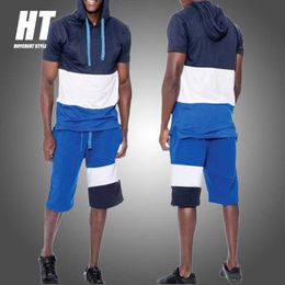 Men's Sets Summer 2 Piece Jogging Fitness Suit Sporting Casual Short Sleeve Tracksuit+Shorts Fashion Patchwork Male Clothing 210603