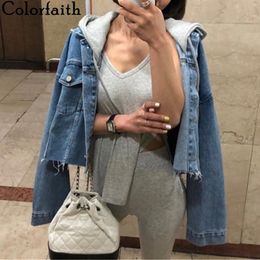 Colorfaith New Autumn Winter Women Denim Jackets Patchwork Hooded Outerwear High Street Oversize Wild Short Jeans JK8929