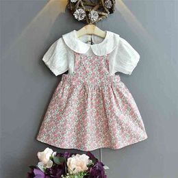 Gooporson Fashion Korean Little Girls Clothing Set Embroidery Short Sleeve Shirt&flower Suspender Skirt Cute Children Clothes 210715