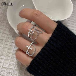 2021 Retro Punk Cross Chain Ring For Women Fashion Hip Hop Two Link Ring Adjustable Finger Knuckle Accessories Jewellery Anillo G1125