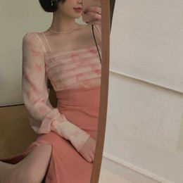 Summer Print Long Sleeve Dres Elegant Chic Split Designer Light Female Casual Office Lady Korean Style 210604
