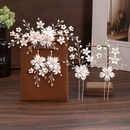 Korean Fashion Handmade Flower Crystal Pearls Hairpins Hair Combs Earrings Jewelry Sets for Women Girls Bride Wedding Party