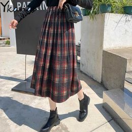 7 colors Vintage Plaid Wool Pleated Skirts Elastic High Waist Winter Women Korea Woolen Skirt Streetwear Midi Skirt girl Clothes 210619