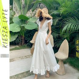 Women sexy maxi split party dress solid white fairy backless high waist deep V neck ruffle club dresses beach holiday sundress 210608