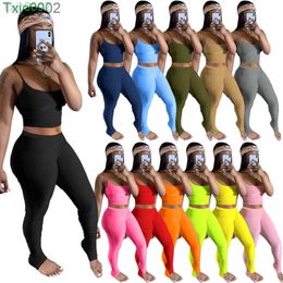 Women Tracksuits Two Pieces Set Deisgner Sexy Sleeveless Pants Sport Pleated Leggings Solid Colour Smooth Ice Sportwear 12 Colours