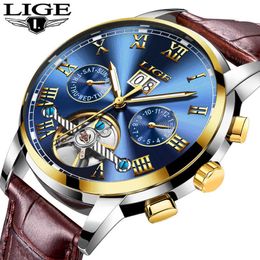 LIGE Luxury Brand Automatic Machinery Watches Men Leather Waterproof Business Watch Men Quartz Clock Man Relogio Masculino 210527