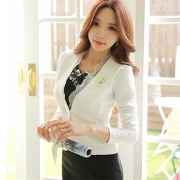 Spring Autumn Women Blazer White Mesh Bordered Ruffled Slim Single Button Short Long Sleeve Jacket Coat Outwear C91591 211006