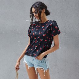 Cute Cherry Print Puffy Sleeve Top T Shirts for Women Kawaii Solid Black O Neck Short Sleeve Cherry Tshirt Plus Size 210302