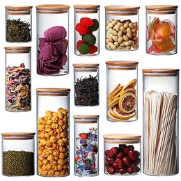 Glass Jars with Natural Bamboo Lids for Home Kitchen Flour, Cookie, Candy Spices - Small Food Storage Airtight Canister Sets Pantry Organisation