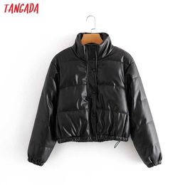 Tangada Women Black Faux Leather Oversize Parkas Thick Winter Zipper Pockets Female Warm Elegant Coat Jacket QN63 210609