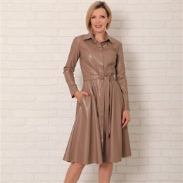 Winter Casual Sashes Pu Leather A-Line Dresses Women Turn-down Collar Long Sleeve Solid Colour Knee Dress Office Lady Wear 210303