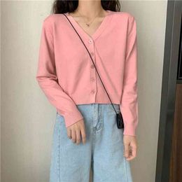 Pink Cardigan Womens Long Sleeve Cropped Sweater Fashion Knitted Clothing Solf V-neck Tops Green 210903