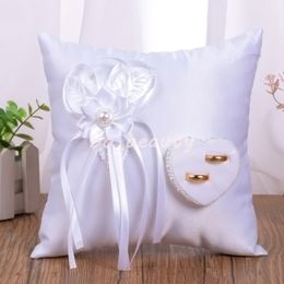 White Flower Bud Wedding Ring Pillow with Heart Setting Satin Cushion Party Suppliers High Quality