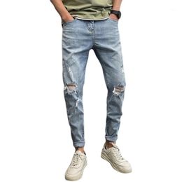 Men's Jeans Spring Autumn 2021 Ripped Trendy Brand Slim Light-colored Beggar Long Pants Korean Casual Teenager Pencil