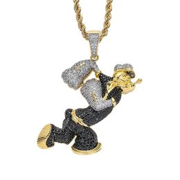 Pendant Necklaces Iced Out Full Cubic Zircon Cartoon Character Popeye Pendants Necklace For Men Hip Hop Rapper Jewelry Gift