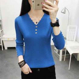 Sexy V Neck Buttons Solid Sweaters Pullover Women Autumn Winter Casual Long Sleeve Knitted Tops Ladies Bodycon Jumper Large Size 210922