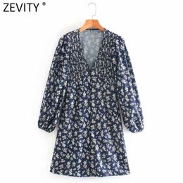Zevity Women Vintage V Neck Elastic Flower Print A Line Mini Dress Femme Pleats Puff Sleeve Casual Slim Vestido Cloth DS4665 210603