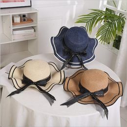 Summer women along the sand beach sunshade straw hat Foldable seaside holiday letter streamer sun hat caps Wide Brim Hats