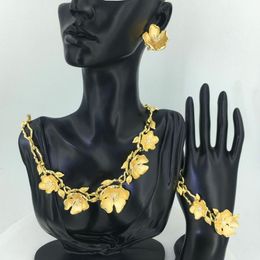 beautiful gold sets Canada - Earrings & Necklace Mejewelry Dubai 24K Gold Plated Big Jewelry Sets For Women Beautiful Flower Jewellery FHK12049