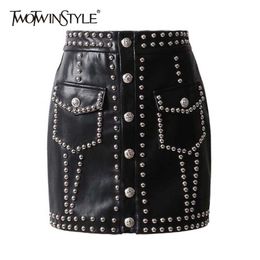 TWOTWINSTYLE Heavy Rivets PU Leather Skirts High Waist Single Breasted Mini Skirt For Women Punk Style Spring Fashion 210310