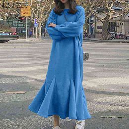 Women's Ruffle Dresses 2021 ZANZEA Spring Vintage Puff Sleeve Maxi Vestidos S- Ladies Solid Sundress Casual O-neck Loose Robe Y1204