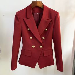 Womens HIGH STREET Fashion Designer Blazer Jacket Womens Metal Lion Buttons Double Breasted Blazer Outer Coat Wine red