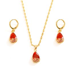 Water Drop Pendant Necklace Stud Earrings Woman 18K Yellow Gold Filled Womens Jewellery Red Crystal Set