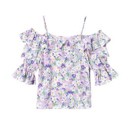 Tangada Women Retro Purple Print Crop Shirt Off Shoulder Ruffles Short Sleeve Summer Chic Female Shirt Tops 6H66 210609