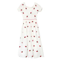 PERHAPS U White V-neck Strawberry Embroidery Puff Short Sleeve Empire Long Dress Empire Sweet Summer Beach Holiday D2433 210529