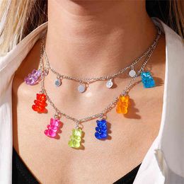 Trend Colourful Bear Pendant Necklace Jewellery Simple Colourful Double Chain Necklace