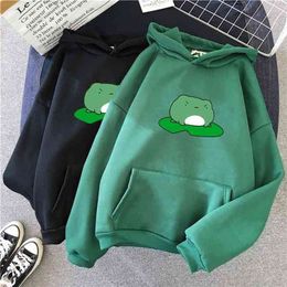 Winter Skateboard Frog Oversized Sweatshirt Men and Women's Hoodies Harajuku Warm Pullover Drawstring Korean Style Anime Hoodie 210809