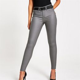 Fashion Women High Waist Grey Jeans Fit Slim Skinny woman Faux Leather Elastic Female Pencil Pants 210922