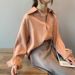 Spring Women Long Sleeves Glossy Satin Blouse Vintage Harajuku V Neck Streetwear Shirt Elegant Imitation Silk Fashion 210531