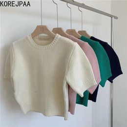 Korejpaa Women T-Shirt Summer Korean Chic All-Match Round Neck Casual Simple Slim-Fit Bubble Short-Sleeved Knitted Pullover 210526