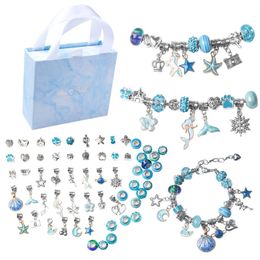 Wholesale 3pcs Bracelet & 60Pcs Bead Blue Mixed theme Sterling Silver Murano Glass Charm Enamel Pendant Charm Beads Fit Pandora Charms Bracelet Diy Jewelry Making