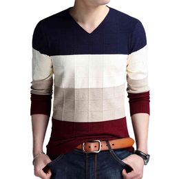 TFETTERS Brand-sweater Autumn Men's Long Sleeve T-shirt V-neck Slim Sweaters Knitted Striped Bottom Shirt Large Size M-4XL