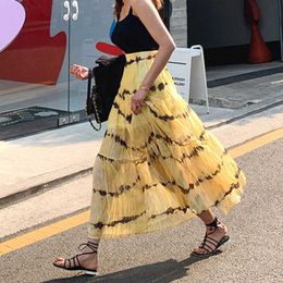 WOMENGAGA Korean Women's Long Maxi Skirt Mesh Yellow Summer Sexy High Waist Transparent Pleated BB42 210603