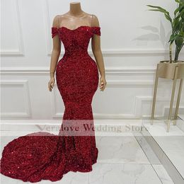 Red Sequins Evening Dress 2021 Off Shoulder Sweep Train Mermaid Prom Dress for Women Party Night Gowns