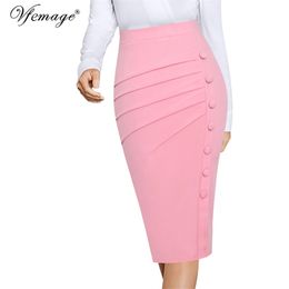 Vfemage Womens Elegant Retro Pleated Ruched Side Buttons High Waist Work Office Business Casual Party Bodycon Pencil Skirt 021 210309